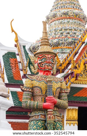 Giant demon guarding statue at Wat Phra Kaew, Bangkok Thailand.