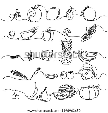 Continuous line Fruits and Vegetables. Design element for grocery store, vegetable shop. Vector illustration.