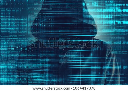 Cybersecurity, computer hacker with hoodie and obscured face, computer code overlaying image