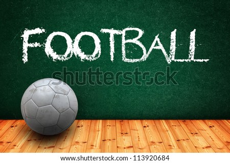 Soccer ball on the classroom floor; word football handwritten on the green chalkboard.