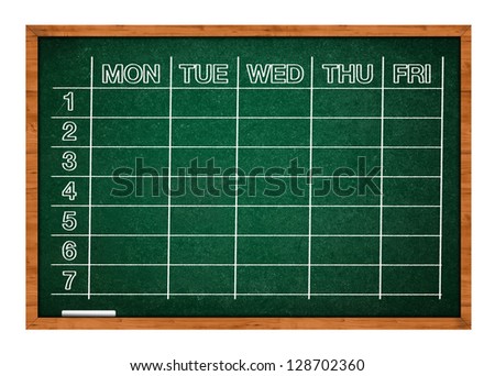 School timetable on green classroom chalkboard. School schedule.
