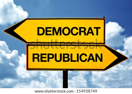Democrat versus republican opposite signs. Political opinion conceptual image.