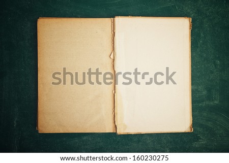Vintage open book with old grunge paper textured pages, top view