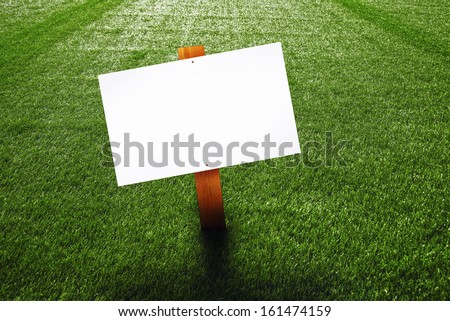 Blank wooden sign on green lawn for your message.