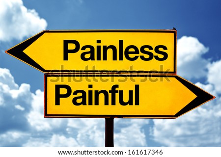 Choosing between Painless and painful. Two opposite road signs against blue sky background.