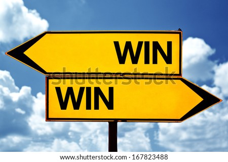 Win Win situation, opposite signs. Two opposite signs against blue sky background.