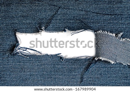 Torn blue jeans texture with white copy space, denim texture