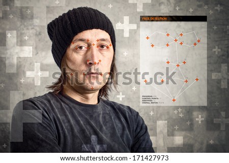 Face detection software recognizing a face of man with black cap