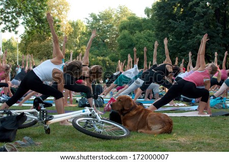 PRAGUE - AUGUST 23, 2012: Group outdoor pilates gathering in park on Kampa island in Prague.