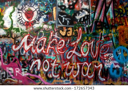 PRAGUE - AUGUST 23, 2012: John Lennon wall on Kampa island in Prague with \
