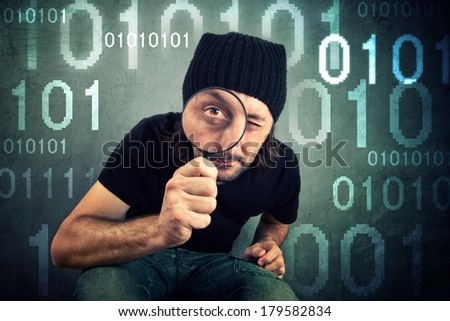 Man looking through magnifying glass and inspecting binary code. Heartbleed bug concept,