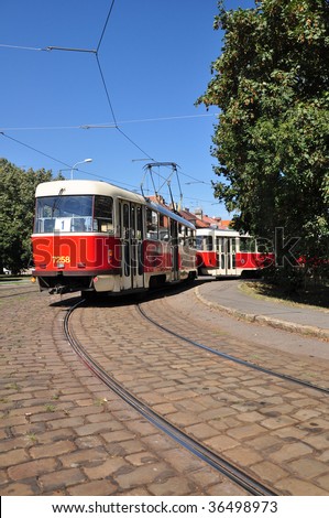 Prague public transportation, old famous red tram on Prague street.