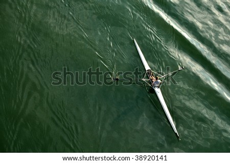 Aerial view of man Kayaking on river