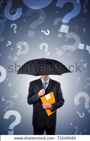 Businessman with umbrella, question marks falling from the sky. Business choices and options concept.