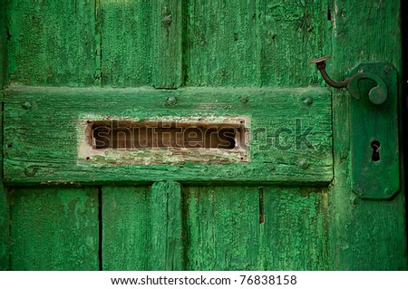 Old ruined green wooden door detail with metal hinge