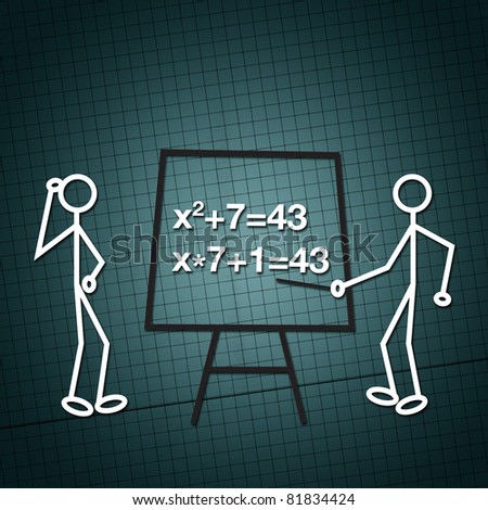 Illustration of two humanoid figures, a teacher and a student in front of the blackboard doing math equations