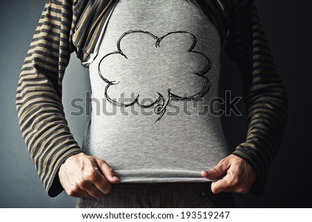 Casual man with thinking balloon cloud with copy space for your text or graphics