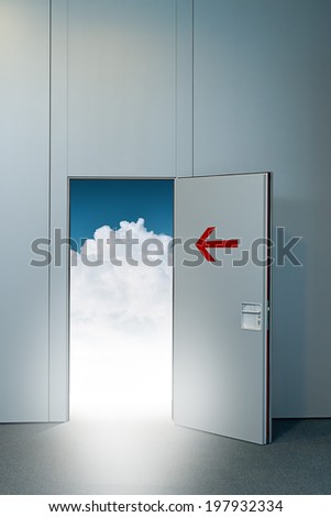 Exit door to heaven, conceptual image. Leaving all problems behind, walking into a new life, retirement and withdrawal concept.