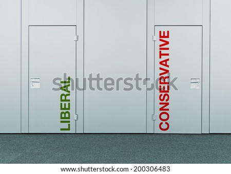 Liberal or conservative, concept of choice. Closed doors with printed marks as concept of decision making, options, strategy and dilemmas.