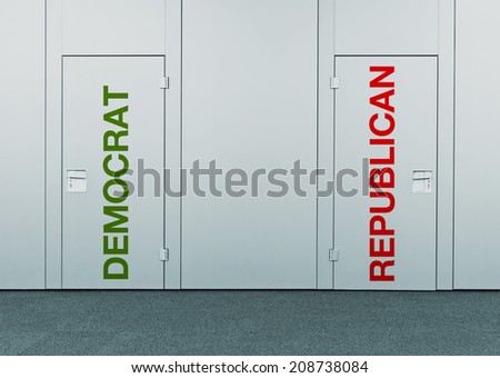 Democrat or Republican, concept of choice. Closed doors with printed marks as concept of decision making, options, strategy and dilemmas.