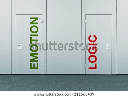 Emotion or logic, concept of choice. Closed doors with printed marks as concept of decision making, options, strategy and dilemmas.
