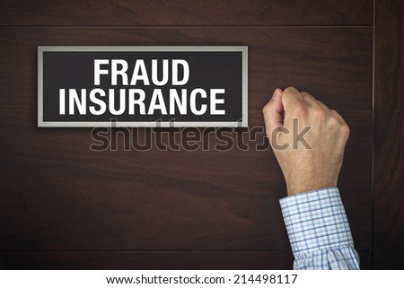 Businessman knocking on Fraud Insurance door looking for a service or advice.