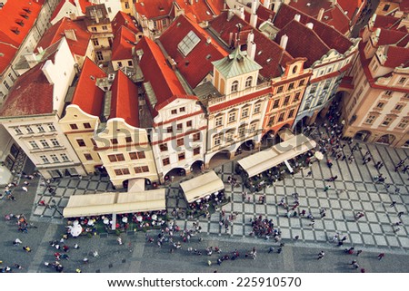 Prague rooftops. Beautiful aerial view of Czech baroque architecture with red roofs.