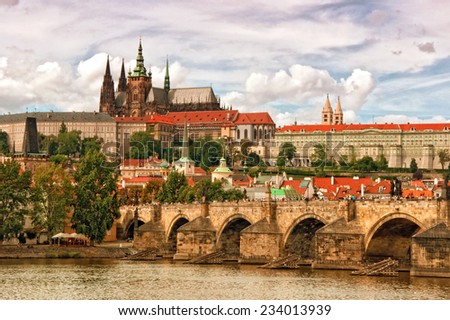 Prague castle Hradcany and Charles bridge, two of the most famous tourist attractions in Czech Republic capital city.