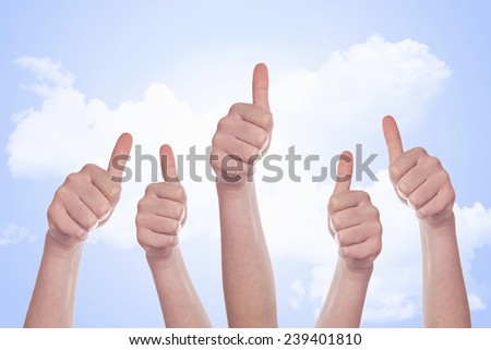 Group of caucasian white people making hand Thumbs up sign. Like, approval or endorsement concept.