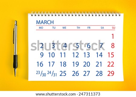 March Paper Calendar Page with Spiral Binding as Time Management and Schedule Concept.