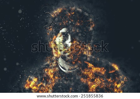 Portrait of urban young adult male in flames, image manipulation.
