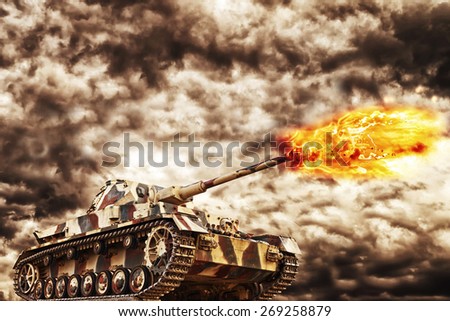 Military Tank firing with dark storm clouds in background, concept of war and conflict.