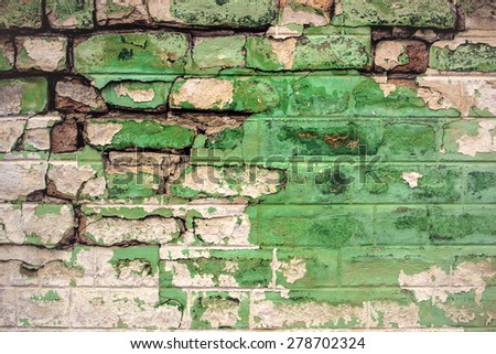 Old Damaged Green Rustic Brick Wall, Tone Image