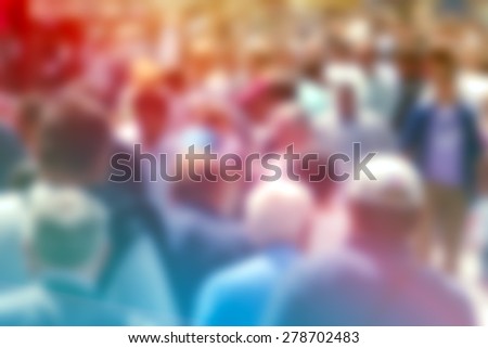Blurred Crowd of People On Street, unrecognizable crowded population as blur urban background, Vintage Toned Image.