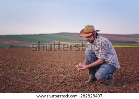 Male Farmer Examines Soil Quality on Fertile Agricultural Farm Land, Agronomist Checking Soil in Hands