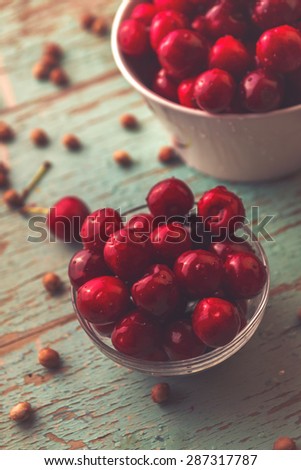 Sweet Cherry in Bowl on Rustic Table, Ripe Fresh Wild Cherries Fruit, Vintage Retro Tone Effect