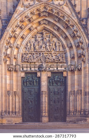 Main Entrance to Prague Saint Vitus Cathedral at Castle Hradcany, Famous Tourist Sightseeing in Czech Republic Capital, Retro Toned Image