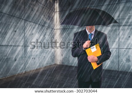 Insurance Agent with Umbrella Protecting from Rain in Urban Outdoor Setting, Risk Assessment and Analysis