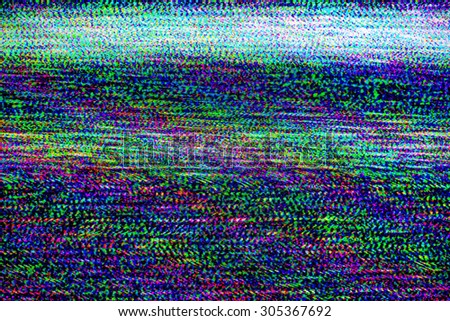 TV damage, bad sync TV channel, RGB LCD television screen with static noise from poor broadcast signal reception as analogue technology background.