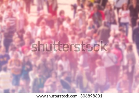 General Public Opinion Blur Background, Aerial View with Unrecognizable Crowded Population Out of Focus, Blurred Crowd of People On City Street, Vintage Toned Image.