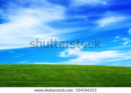 Grassland and Sky, Horizon over Field, Open Empty Green Grass Countryside Meadow and Blue Sky with Clouds, Beautiful Spring Season Natural Scene