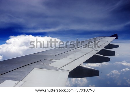 Aerial view of cloudy sky from aircraft windows.