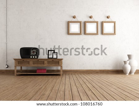 empty vintage interior with old radio and frame rendering empty vintage interior with old radio and frame rendering