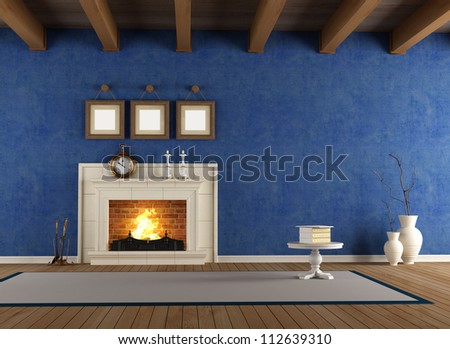 blue vintage interior with classic fireplace and wooden ceiling