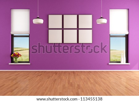 Empty modern purple room with two windows - rendering - the image on background is a my photo