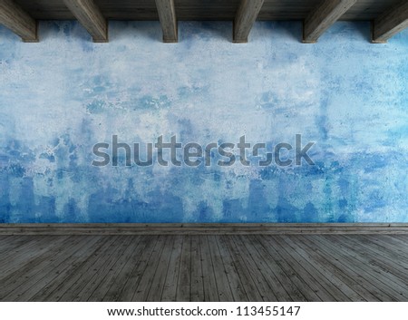 Empty blue grunge room with wooden ceiling