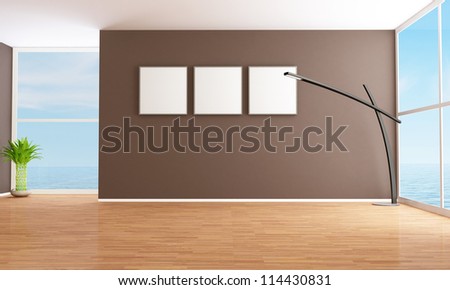 Bright brown empty interior of a sea house - rendering