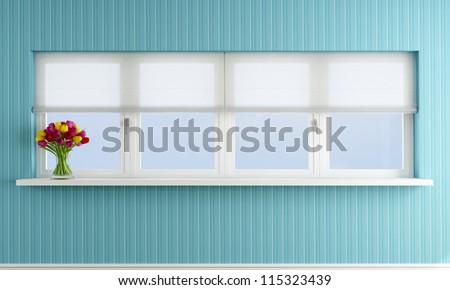 Wall with wallpaper with closed window - rendering