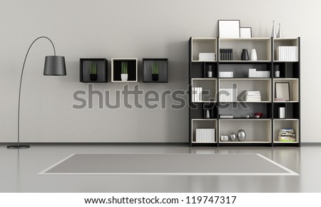 minimalist empty livingroom with bookcase - rendering
