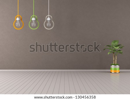 Empty Brown Living Room With Colorful Lamp And Plant - Rendering
